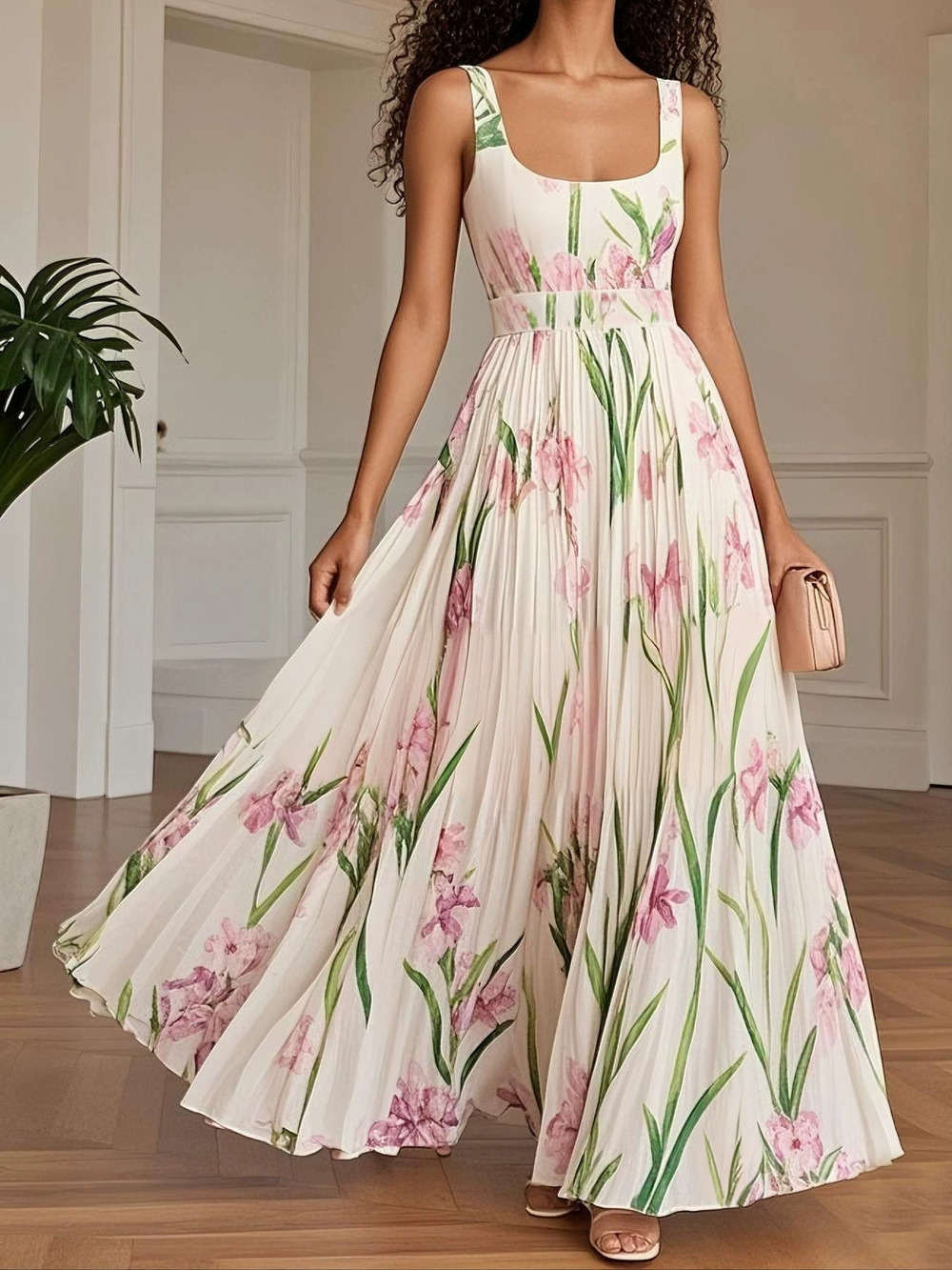 ZARA Summer Printed Slim Fit Camisole Pleated Maxi Dress